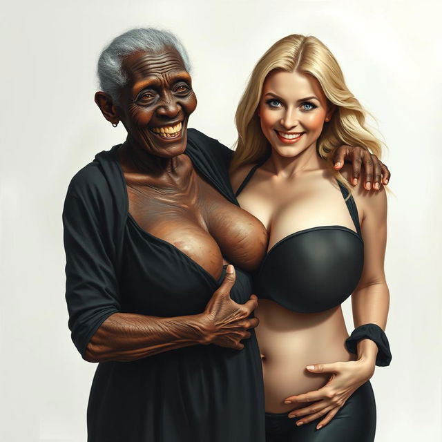 An elderly African woman, appearing malnourished with decayed teeth, dressed in a long, fully black outfit