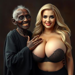 An elderly African woman, appearing malnourished with decayed teeth, dressed in a long, fully black outfit