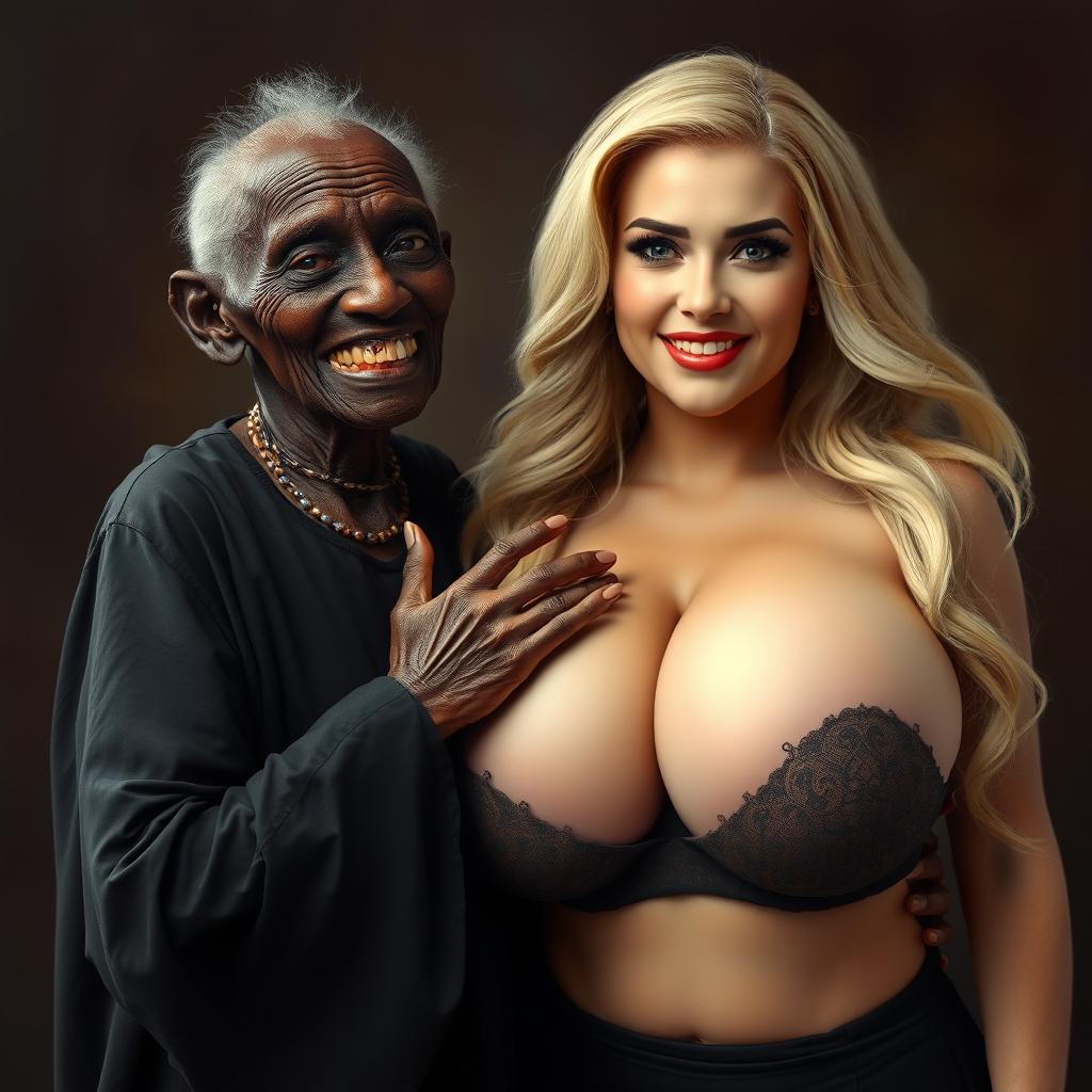 An elderly African woman, appearing malnourished with decayed teeth, dressed in a long, fully black outfit