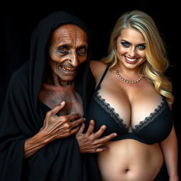 An elderly African woman, appearing malnourished with decayed teeth and aged 150 years, dressed in a long, entirely closed black garment