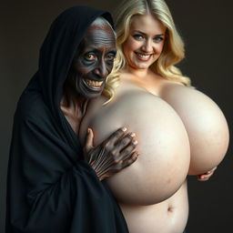 An elderly African woman, appearing malnourished with decayed teeth and aged 150 years, dressed in a long, entirely closed black garment