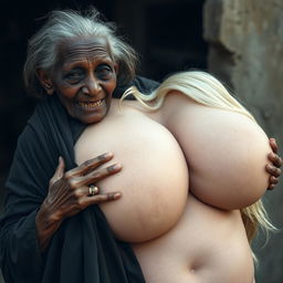 An elderly African woman, appearing malnourished with decayed teeth, dressed in a long, fully covered black garment