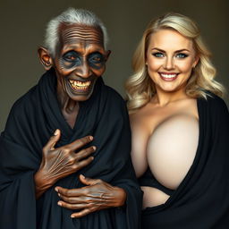 An elderly African woman, appearing malnourished with decayed teeth, dressed in a long, fully covered black garment