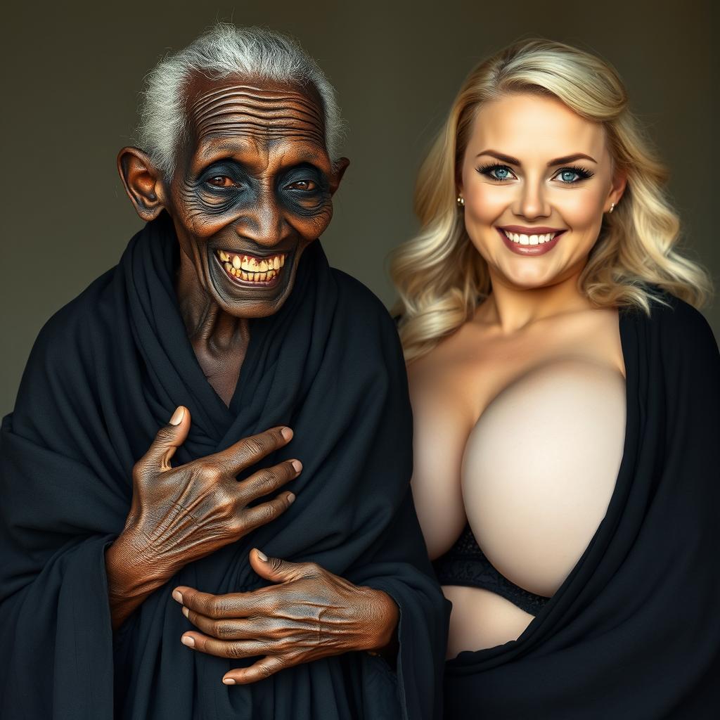 An elderly African woman, appearing malnourished with decayed teeth, dressed in a long, fully covered black garment