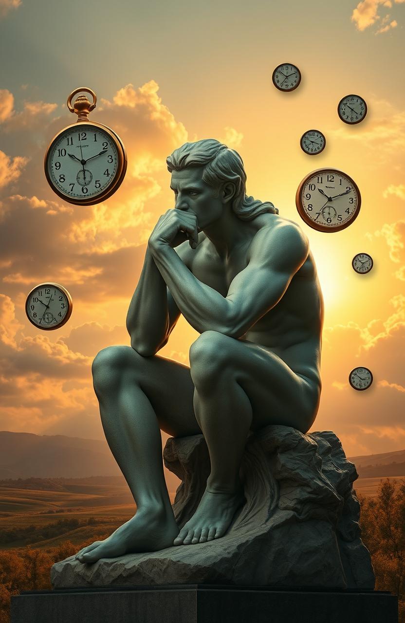 A surreal interpretation of a thoughtful individual inspired by Rodin's 'The Thinker', sitting in a contemplative pose