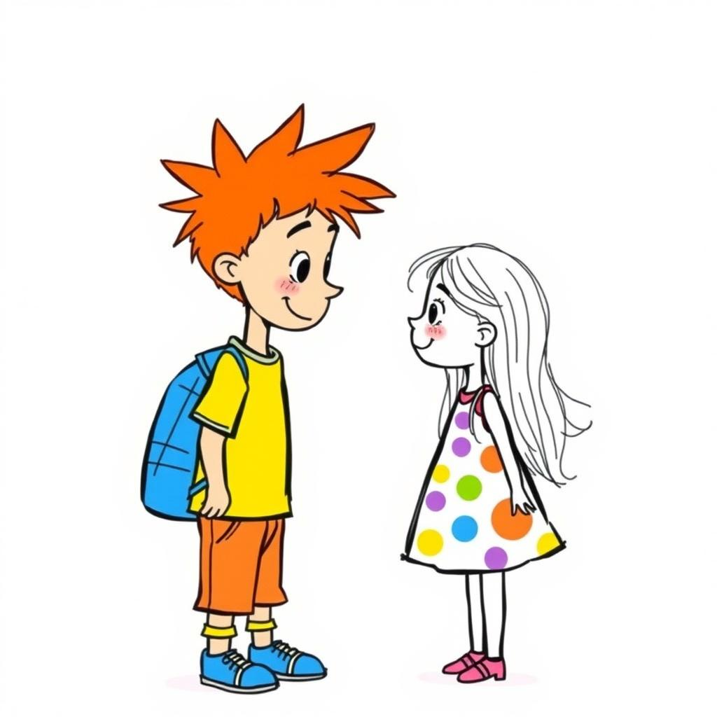 A playful sketch depicting a face-to-face interaction between a tall, cheerful cartoon boy with stylized features and vibrant, spiky hair, dressed in a fun, colorful outfit suitable for kindergarten
