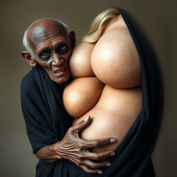 An elderly African woman, showing signs of malnutrition with decayed teeth, aged 150 years, dressed in a long, fully covered black garment