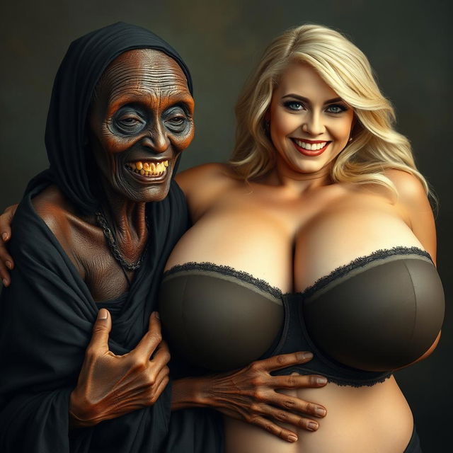 An elderly African woman, appearing malnourished with decayed teeth, aged 150 years, dressed in a long, fully covered black garment