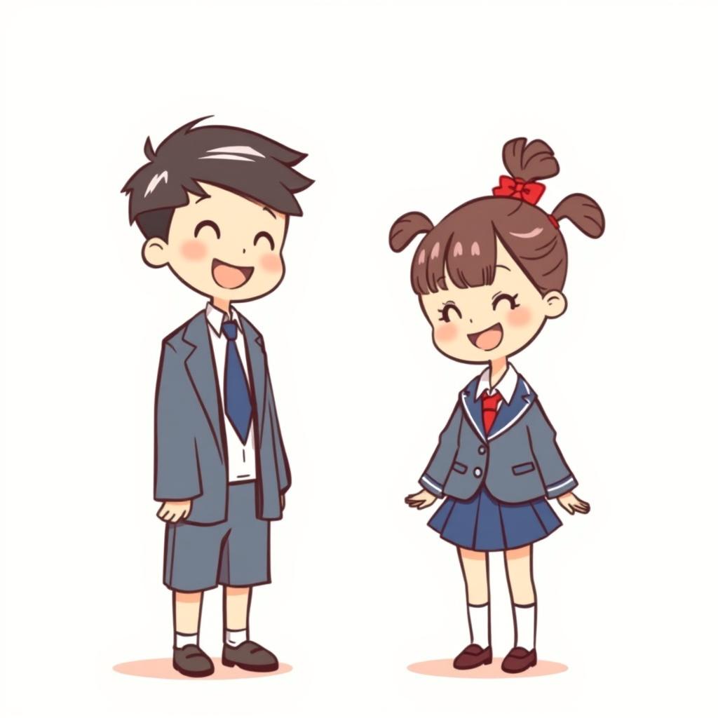 A playful sketch featuring a tall, cheerful cartoon boy in a Korean-style school uniform, complete with a blazer and necktie, looking excitedly at a young girl