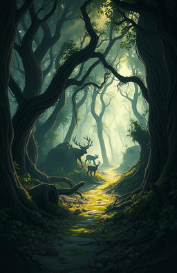 An illustration inspired by the concept of 'Survival of the Fittest' set in a dystopian, apocalyptic forest environment