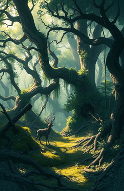 An illustration inspired by the concept of 'Survival of the Fittest' set in a dystopian, apocalyptic forest environment