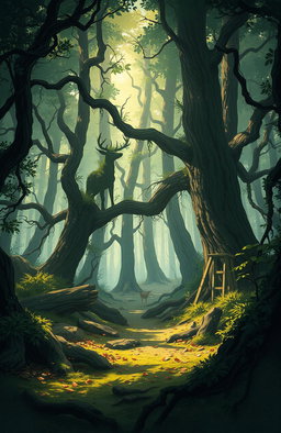 An illustration inspired by the concept of 'Survival of the Fittest' set in a dystopian, apocalyptic forest environment