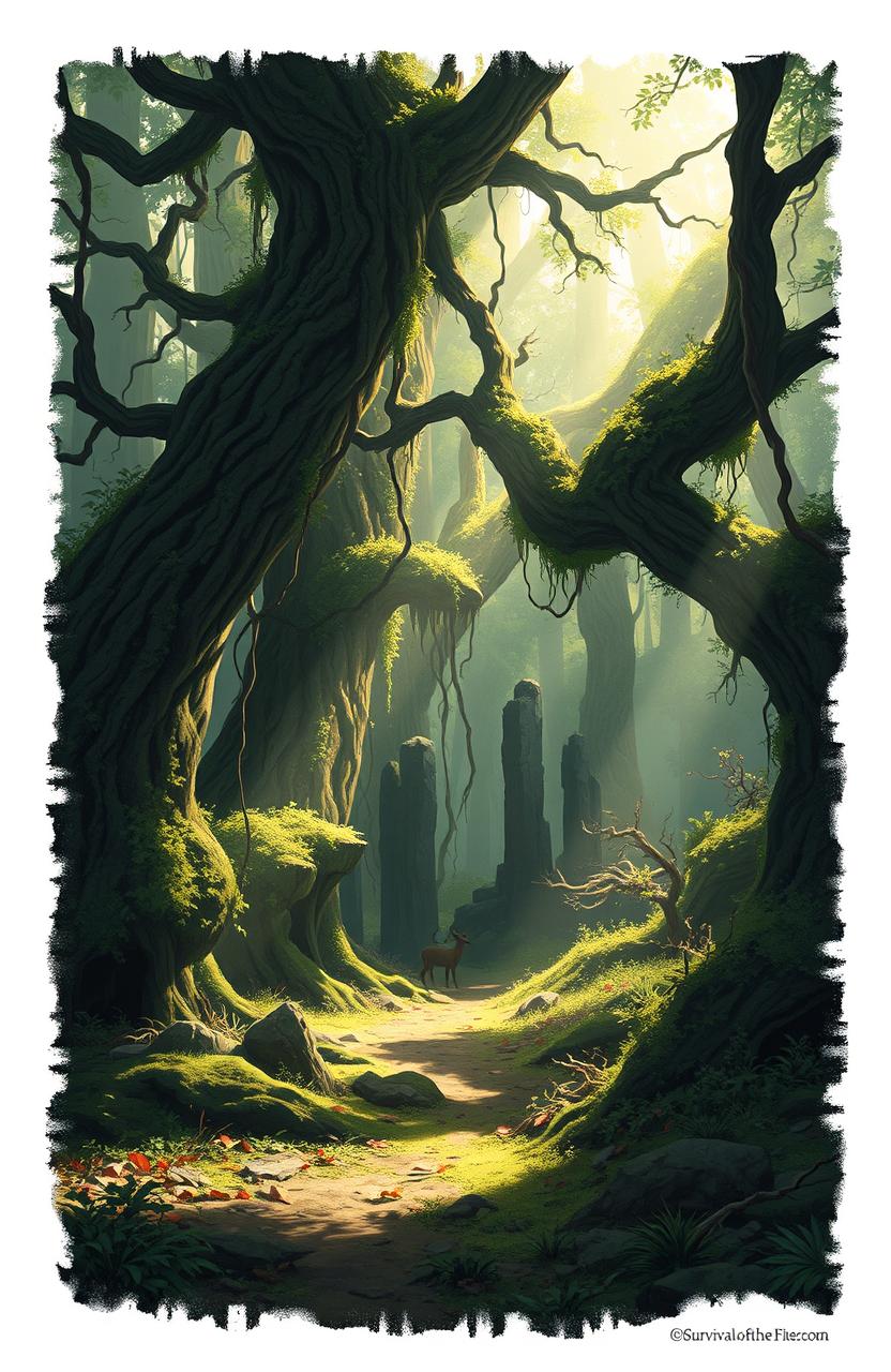 An illustration inspired by the concept of 'Survival of the Fittest' set in a dystopian, apocalyptic forest environment