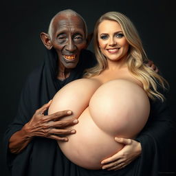 An elderly African woman, appearing malnourished with decayed teeth, aged 150 years, dressed in a long, fully covered black garment