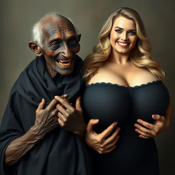 An elderly African woman, appearing malnourished with decayed teeth, aged 150 years, dressed in a long, fully covered black garment