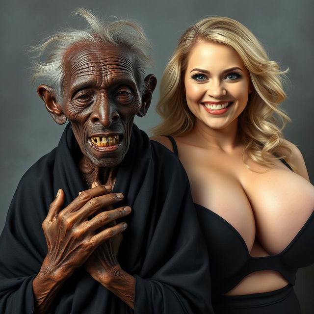 An elderly African woman, appearing malnourished with decayed teeth, aged 150 years, dressed in a long, fully covered black garment