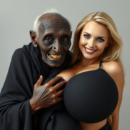 An elderly African woman, appearing malnourished with decayed teeth, aged 150 years, dressed in a long, fully covered black garment