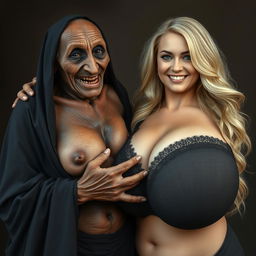 An elderly African woman, appearing malnourished with decayed teeth, aged 150 years, dressed in a long, fully covered black garment