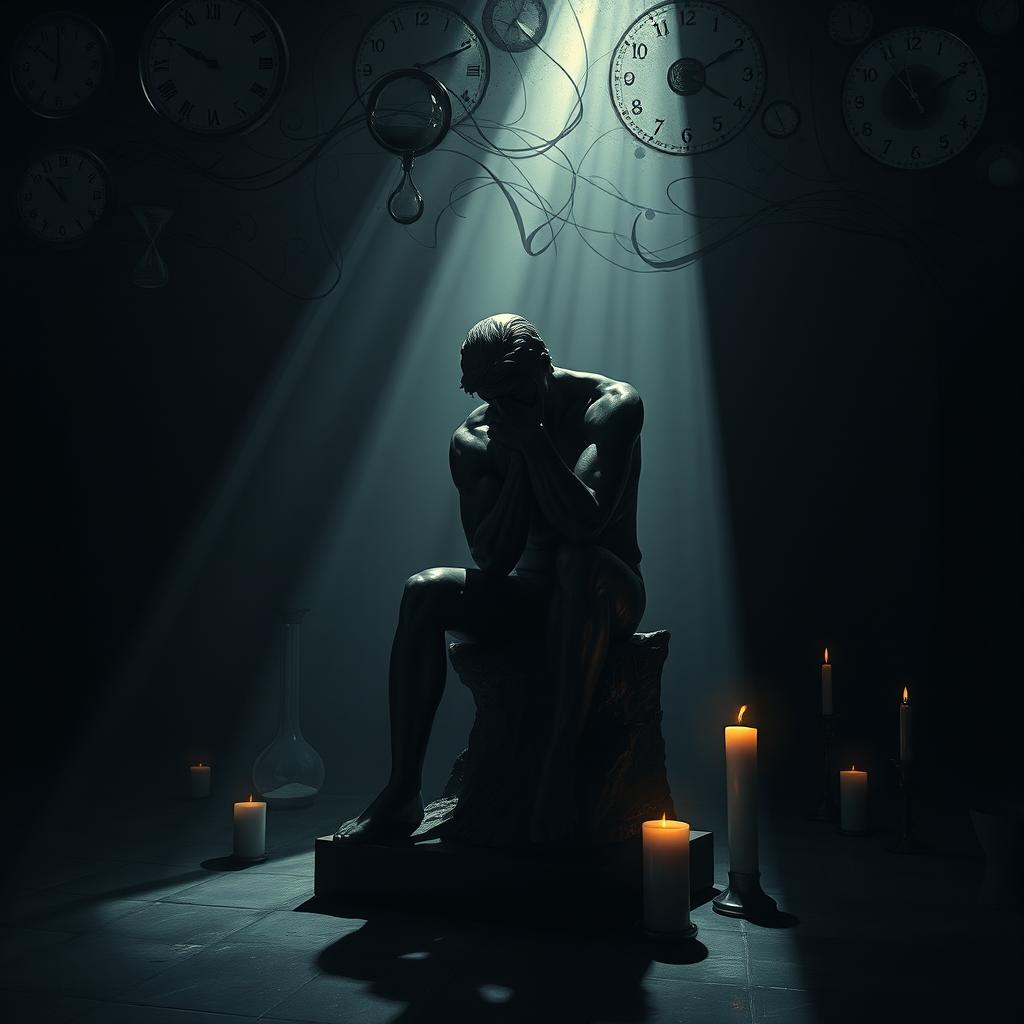 A dark and evocative representation of a thoughtful figure inspired by Rodin's 'The Thinker', seated in a shadowy environment, lost in somber reflection