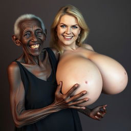An elderly African woman, showing signs of malnutrition with decayed teeth, aged 150 years, dressed in a long, fully closed black dress
