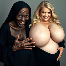 An elderly African woman, showing signs of malnutrition with decayed teeth, aged 150 years, dressed in a long, fully closed black dress