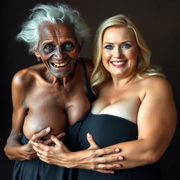An elderly African woman, showing signs of malnutrition with decayed teeth, aged 150 years, dressed in a long, fully closed black dress