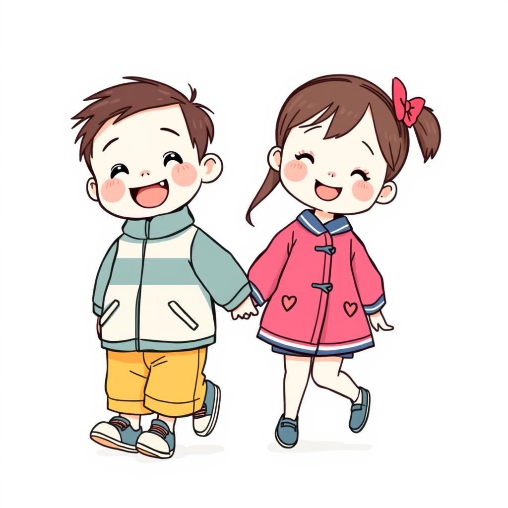 A delightful sketch featuring two cute kindergarten children holding hands while walking together, embodying innocence and friendship