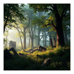 A dystopian, apocalyptic forest scene inspired by Abby Allison-Lees's 'Survival of the Fittest'