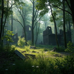 A dystopian, apocalyptic forest scene inspired by Abby Allison-Lees's 'Survival of the Fittest'