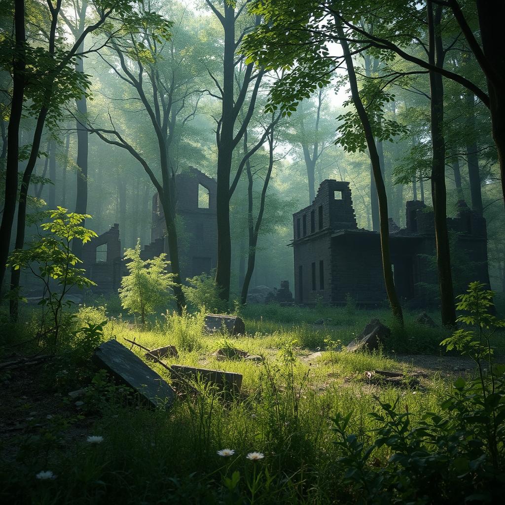 A dystopian, apocalyptic forest scene inspired by Abby Allison-Lees's 'Survival of the Fittest'