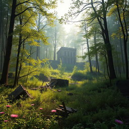 A dystopian, apocalyptic forest scene inspired by Abby Allison-Lees's 'Survival of the Fittest'