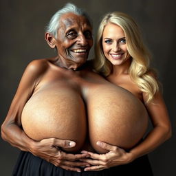 An elderly African woman, showing signs of malnutrition with decayed teeth and appearing 150 years old, dressed in a long, fully covered black dress