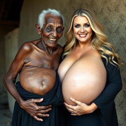 An elderly African woman, showing signs of malnutrition with decayed teeth and appearing 150 years old, dressed in a long, fully covered black dress