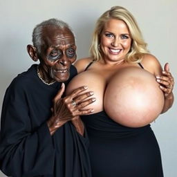 An elderly African woman, showing signs of malnutrition with decayed teeth and appearing 150 years old, dressed in a long, fully closed black dress