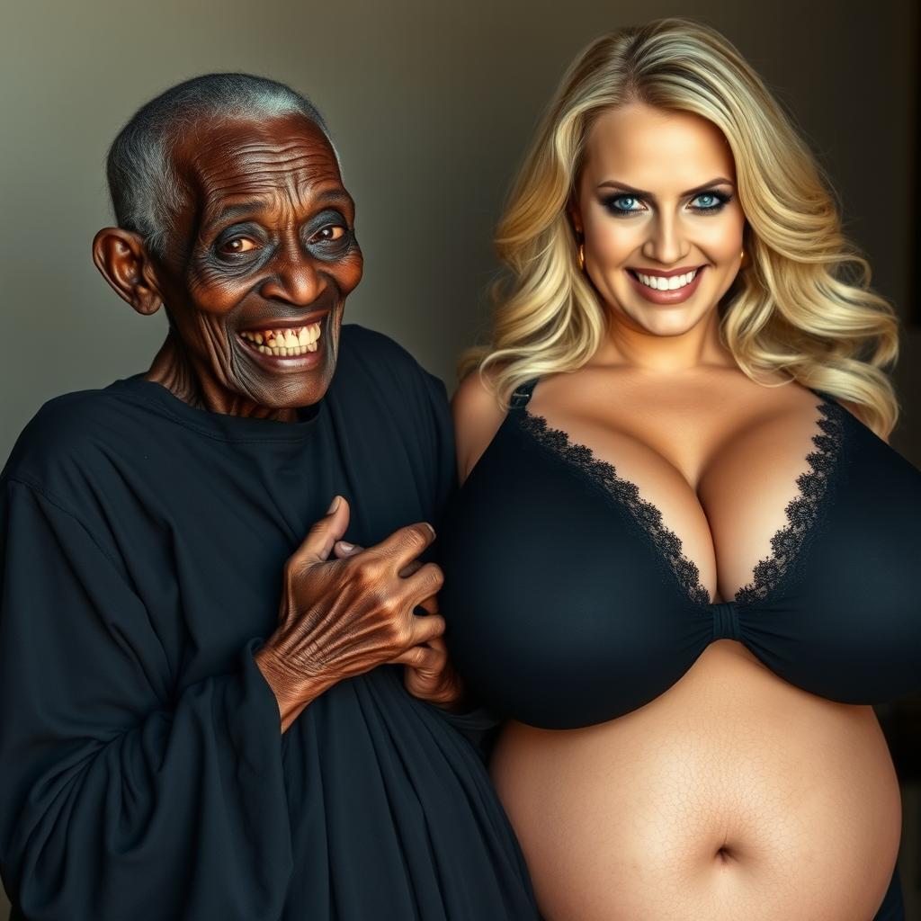 An elderly African woman, showing signs of malnutrition with decayed teeth and appearing 150 years old, dressed in a long, fully closed black dress