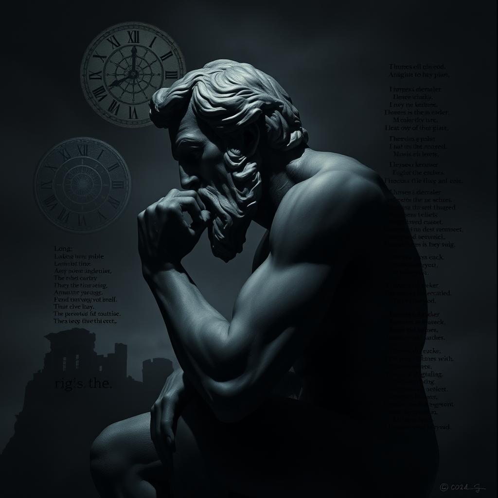 A dark, poetic depiction of a thoughtful figure modeled after a Greek statue, inspired by Rodin's 'The Thinker'