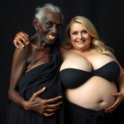 An elderly African woman, appearing malnourished with decayed teeth at 150 years old, dressed in a long, fully closed black dress