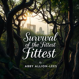 A book cover design for 'Survival of the Fittest' by Abby Allison-Lees, featuring a dystopian, apocalyptic forest setting