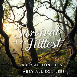 A book cover design for 'Survival of the Fittest' by Abby Allison-Lees, featuring a dystopian, apocalyptic forest setting