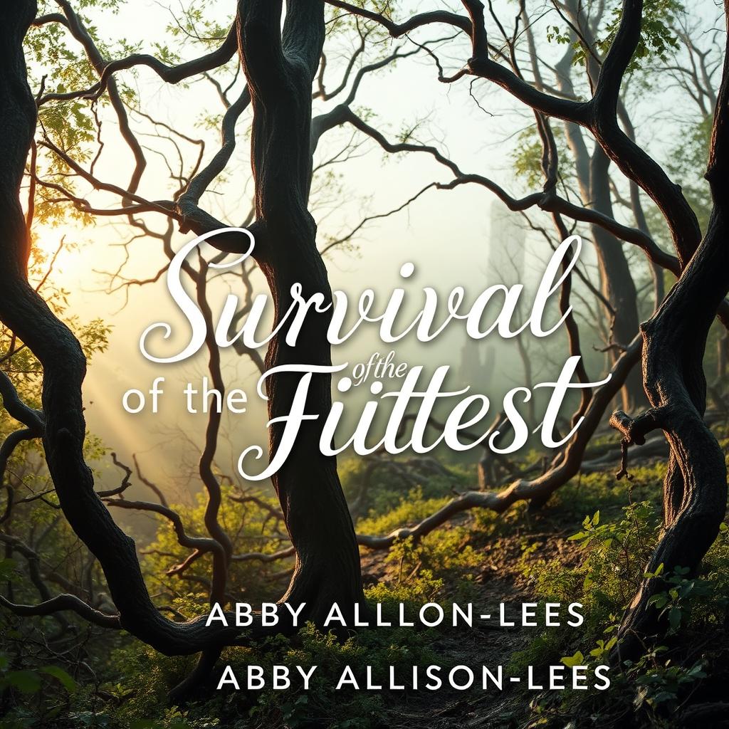 A book cover design for 'Survival of the Fittest' by Abby Allison-Lees, featuring a dystopian, apocalyptic forest setting