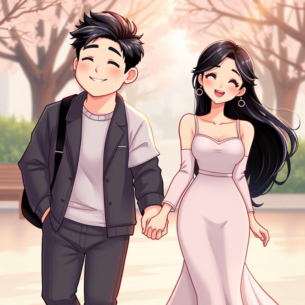 An enchanting manhwa-style illustration depicting two charming adults holding hands while walking together