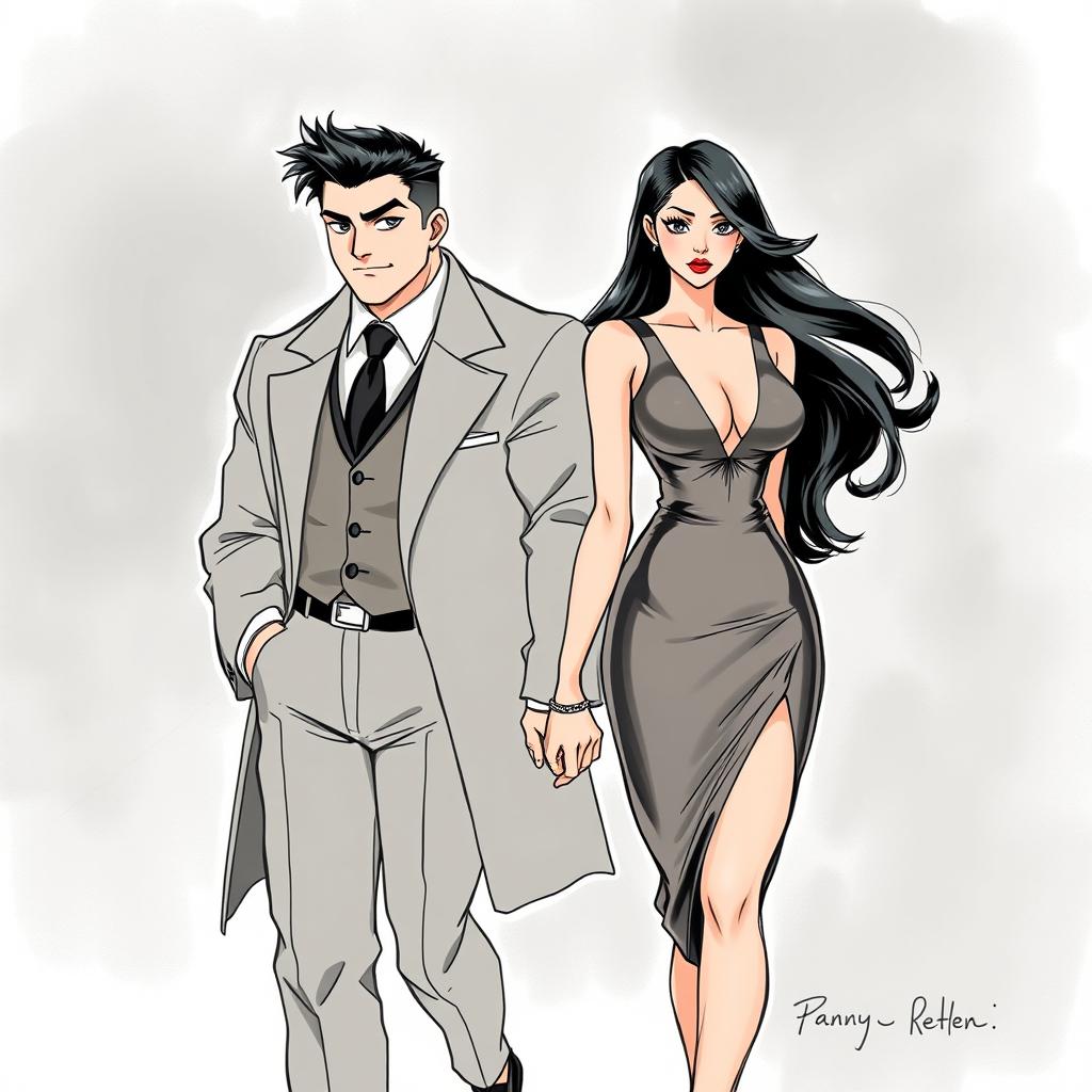 A captivating manhwa-style sketch illustrating two elegant adult characters, themed around a mafia aesthetic, holding hands while walking together