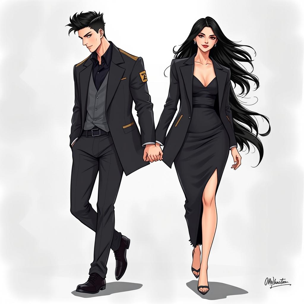 A striking manhwa-style sketch featuring two stylish adult characters inspired by a mafia theme, holding hands while walking confidently together