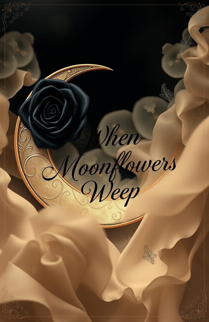 An elegant and artistic composition featuring a crescent moon with intricate details in black and gold