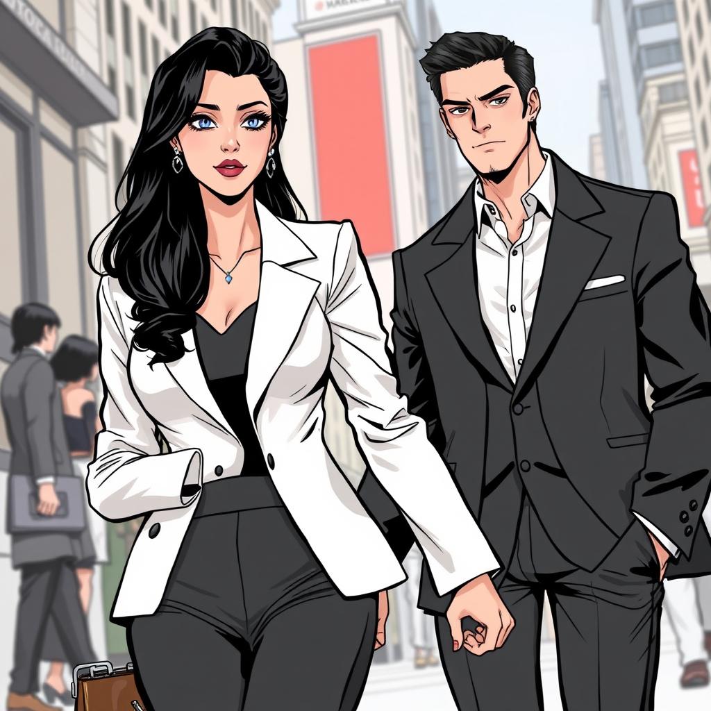 A manhwa-style illustration featuring a beautiful, mature woman with long black hair styled elegantly, exuding a powerful aura as a mafia-like CEO