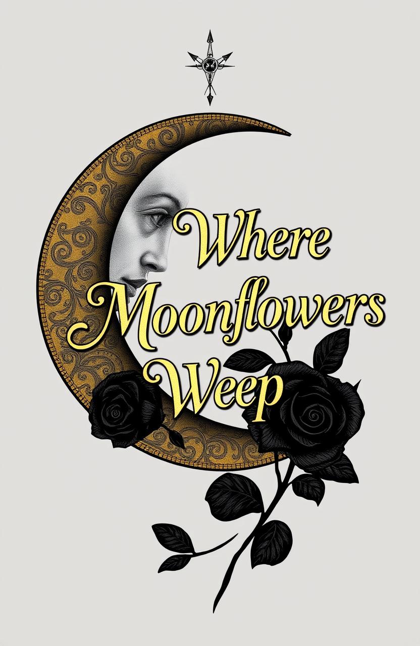 A stunning design featuring a crescent moon with intricate details, accompanied by a beautifully drawn black rose