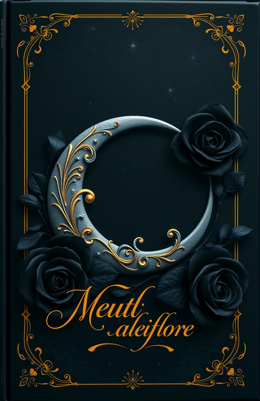 A stunning book cover featuring a black and gold color theme, prominently displaying a beautiful crescent moon