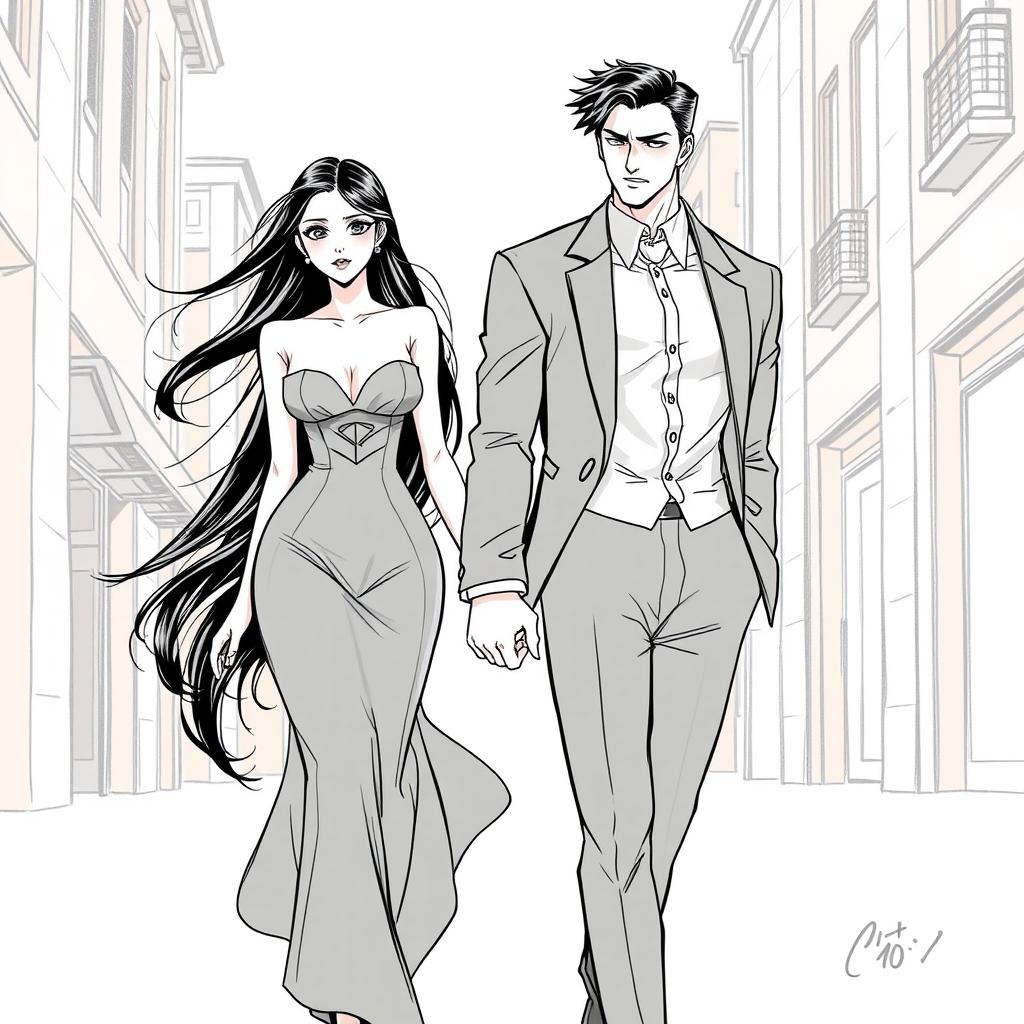 A striking manhwa-style sketch featuring an elegant adult female character embodying beauty and sophistication, with long, flowing black hair and captivating features