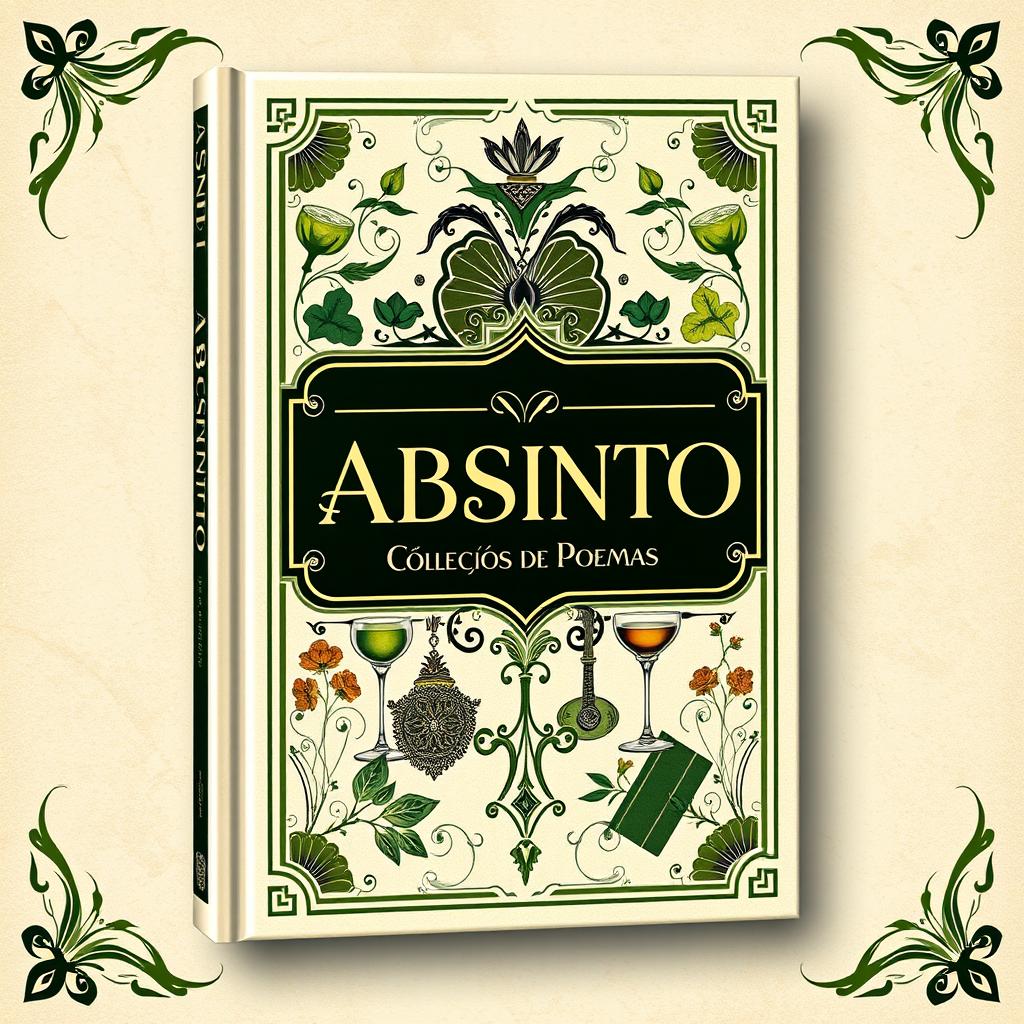 A book cover featuring the title 'Absinto: Coleção de Poemas' in an elegant, art deco style reminiscent of the 1920s