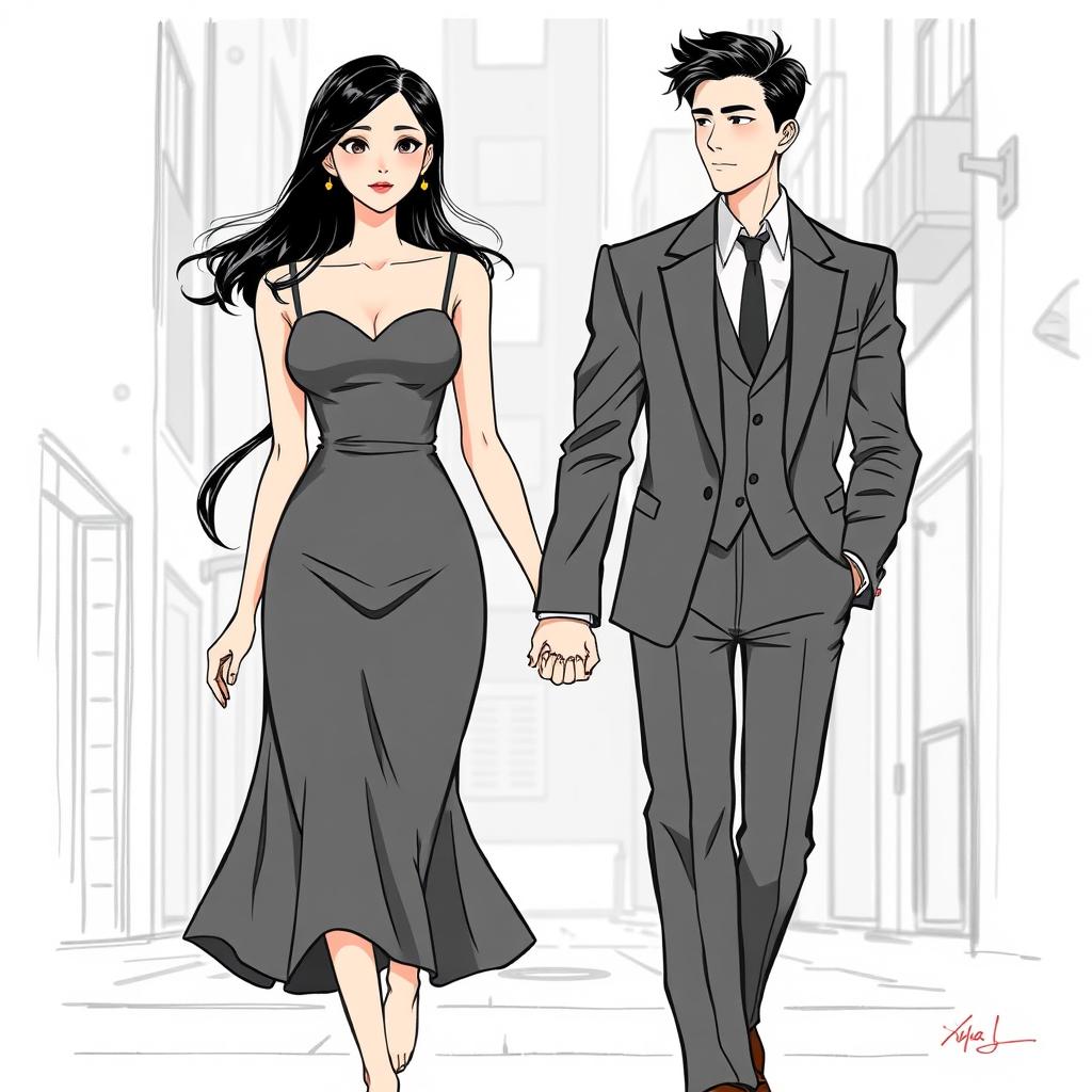 A stunning manhwa-style sketch featuring an elegant adult female character with long, waist-length black hair, embodying beauty and sophistication